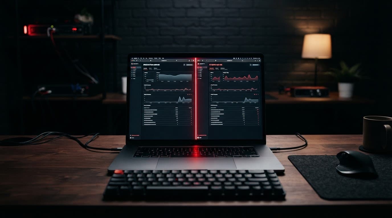 Un computer portatile con una dashboard e server illuminati da luci rosse.