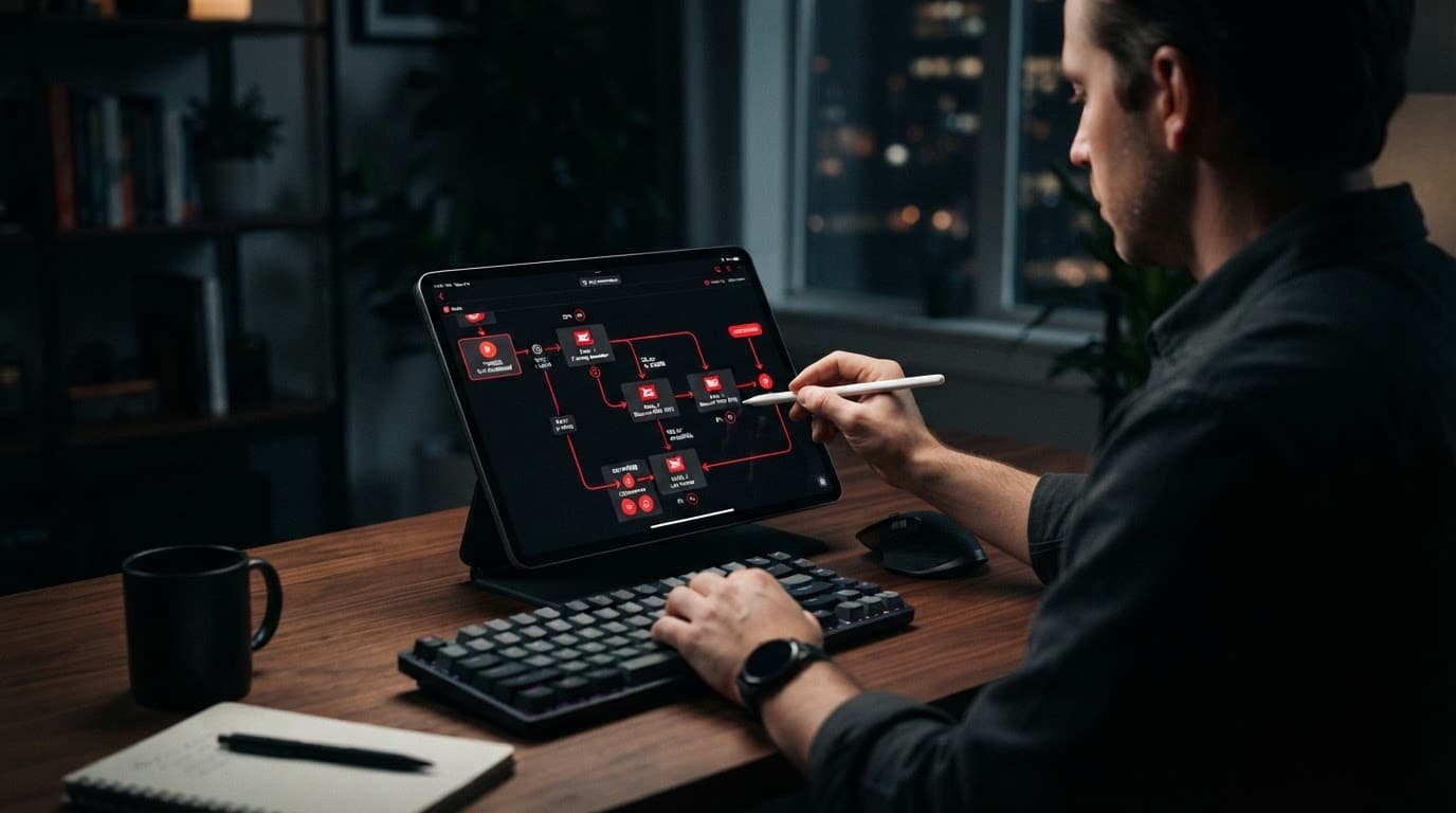 Un tablet mostra una sequenza di email marketing con illuminazione rossa.