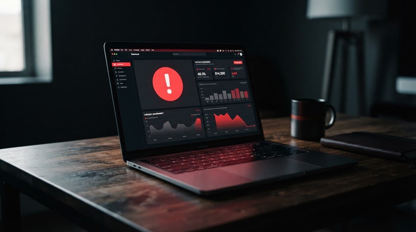 Schermo di un laptop con dati e-commerce su una scrivania di legno.