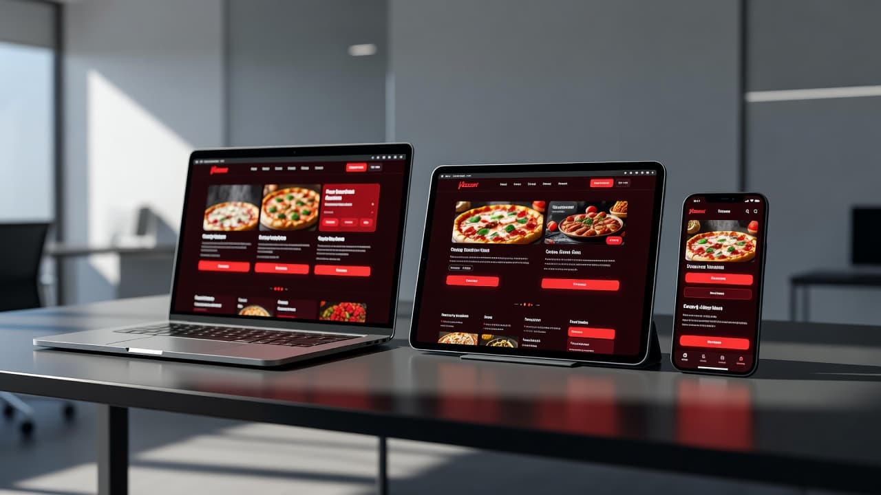 Tre dispositivi elettronici mostrano un sito web per pizzerie su uno sfondo moderno.