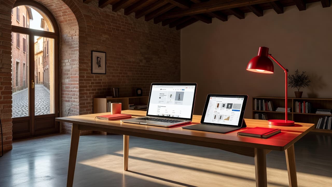 Scrivania moderna con laptop e tablet che mostrano siti web differenti.
