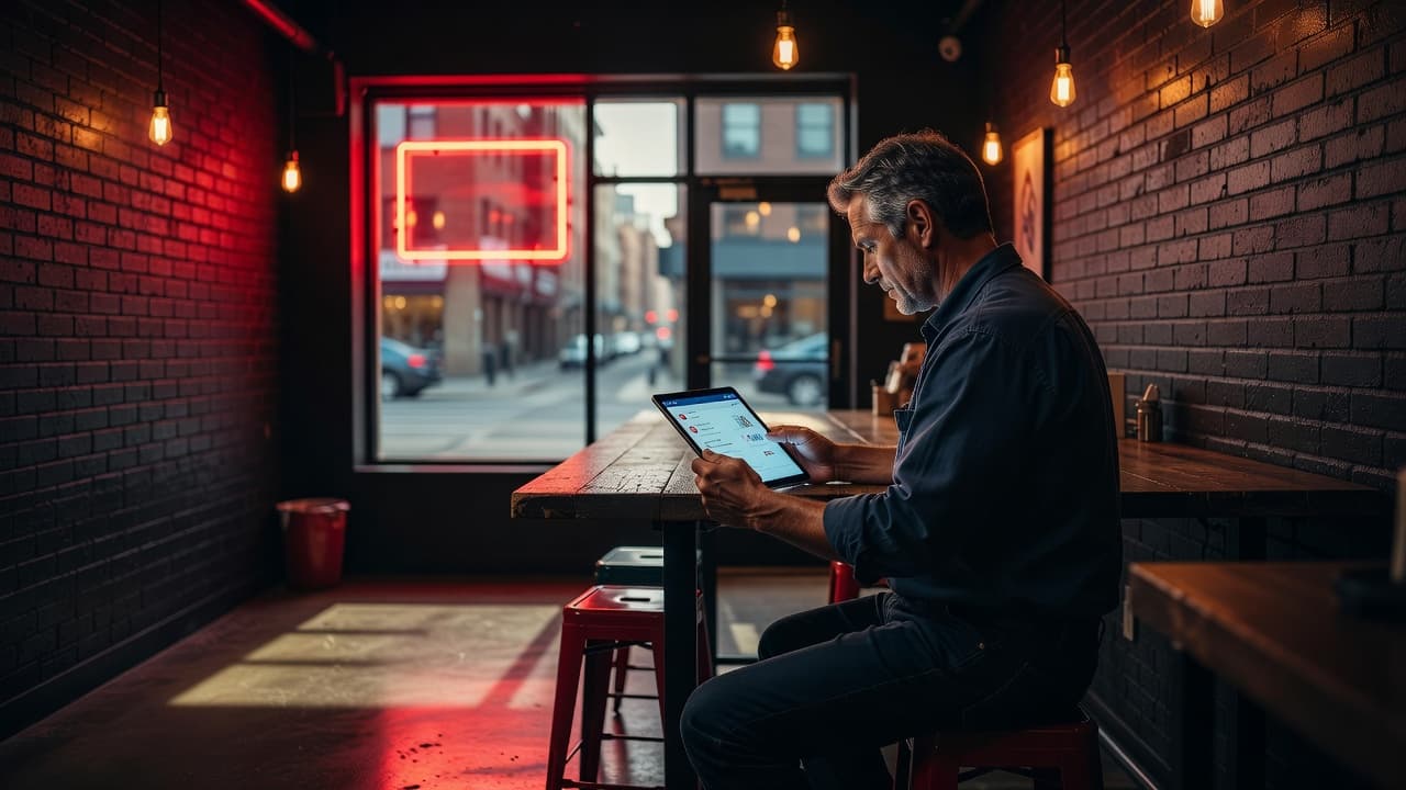 Un imprenditore controlla il profilo digitale aziendale su un tablet in un negozio luminoso.