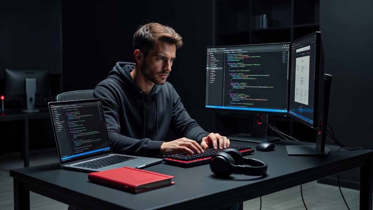 Un programmatore al lavoro con doppio schermo in un ufficio moderno.