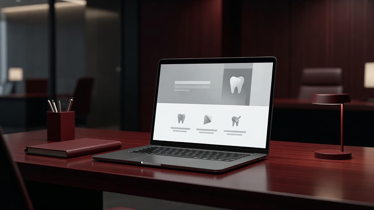 Uno schermo di computer mostra la pagina web di uno studio dentistico su una scrivania elegante.