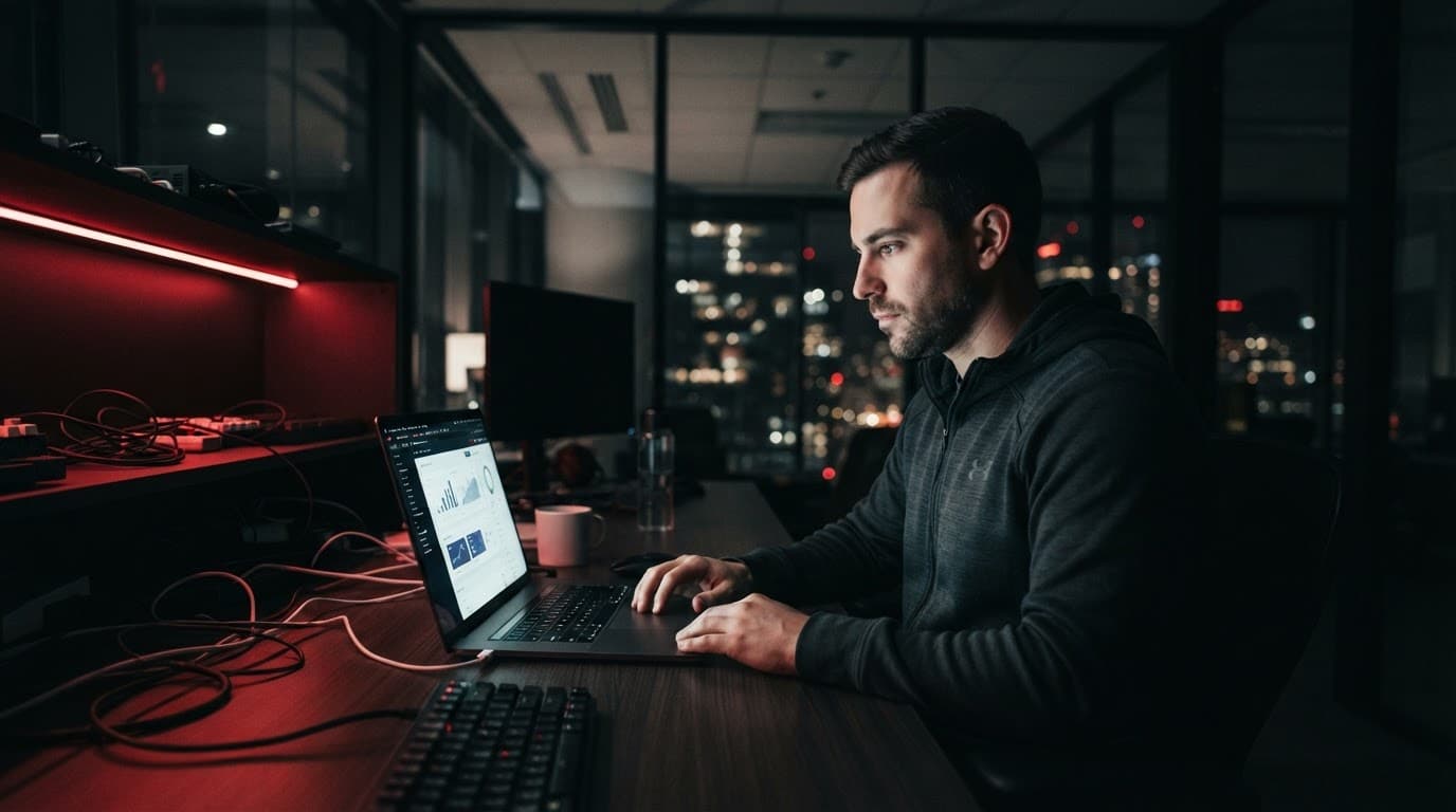 Un programmatore controlla un sito di prova su un laptop in un ufficio con luci rosse.