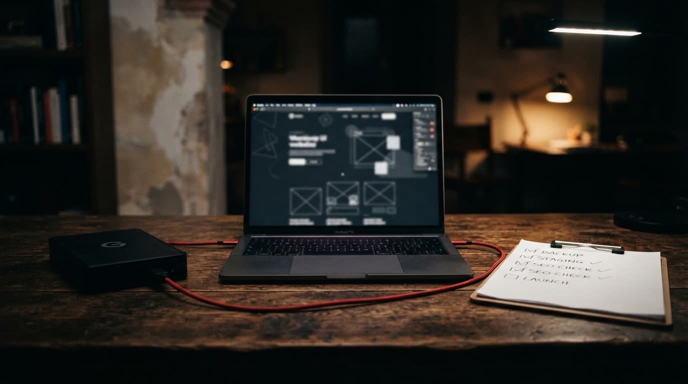 Laptop, drive di backup, checklist e cavo rosso su una scrivania scura.