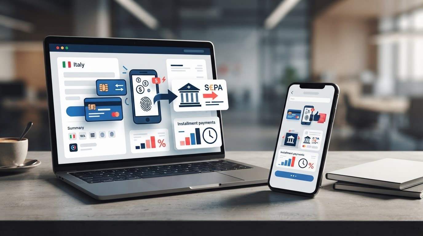 Laptop e smartphone mostrano un checkout italiano con diversi metodi di pagamento.