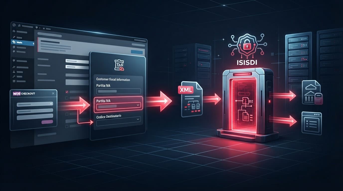 Pannello fiscale con dati cliente e fattura XML diretta verso un gateway sicuro.