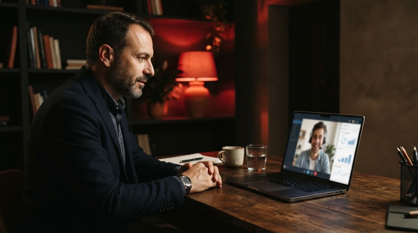 Un titolare parla con uno sviluppatore web sul laptop.
