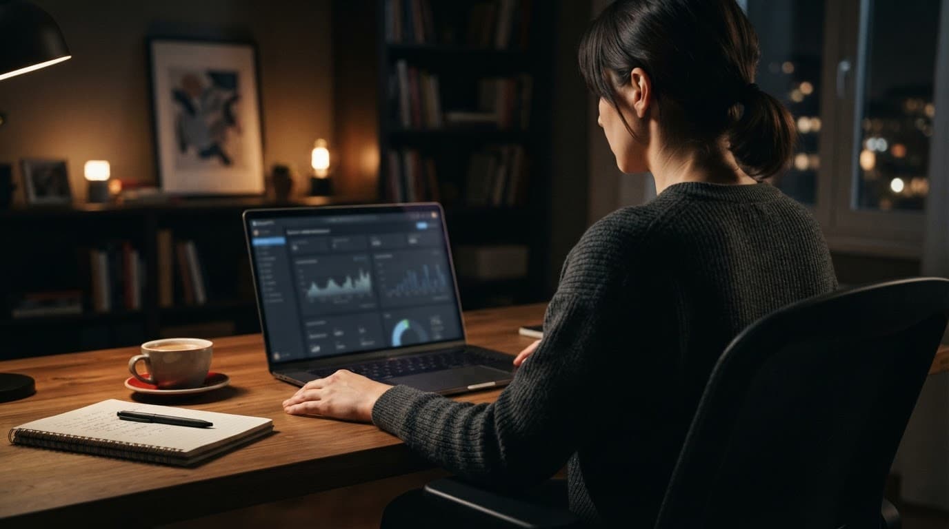 Freelance al laptop, con notebook e caffè sulla scrivania.