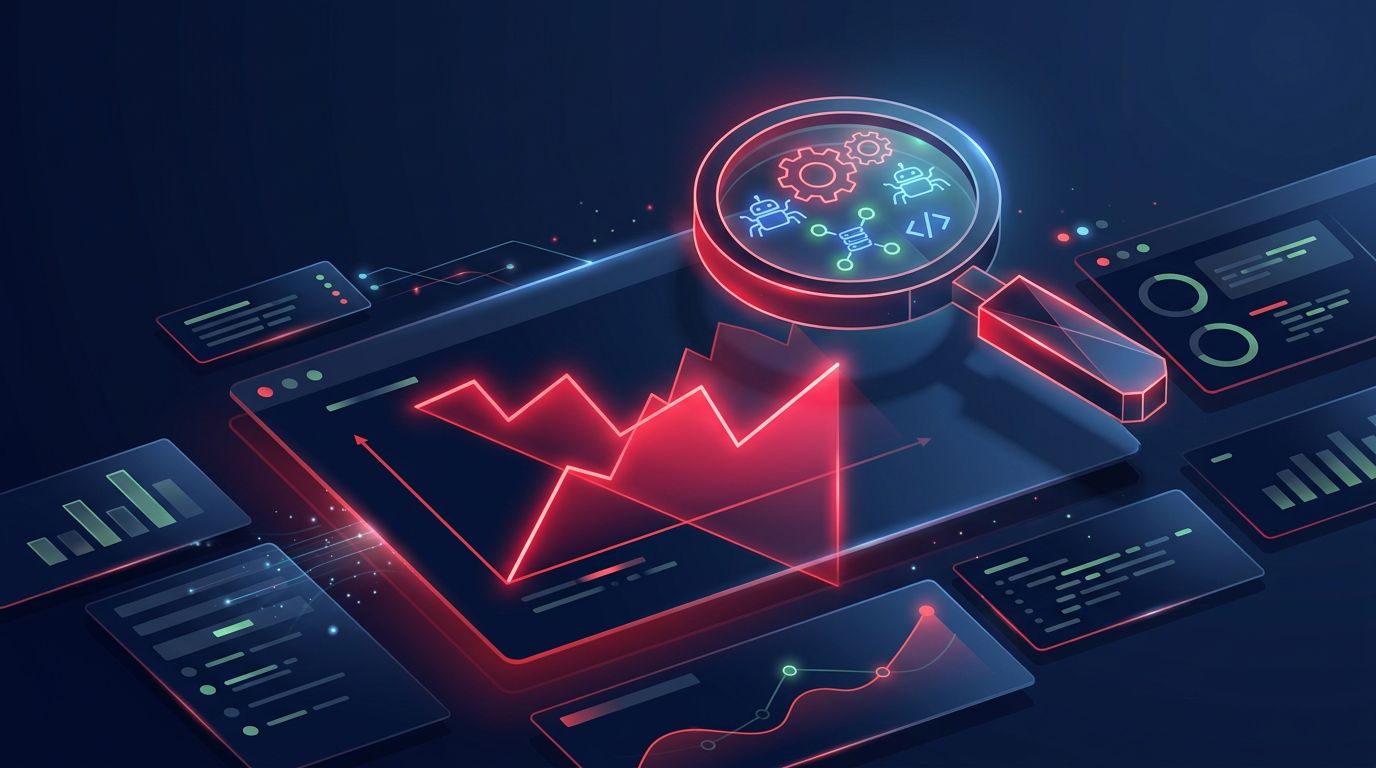 Dashboard scura con grafico rosso crescente e lente sui segnali SEO.