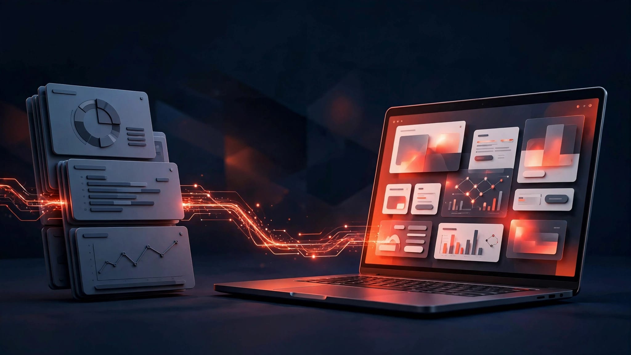 Laptop con nuovo design del sito, dashboard di analisi e percorso luminoso su sfondo blu.