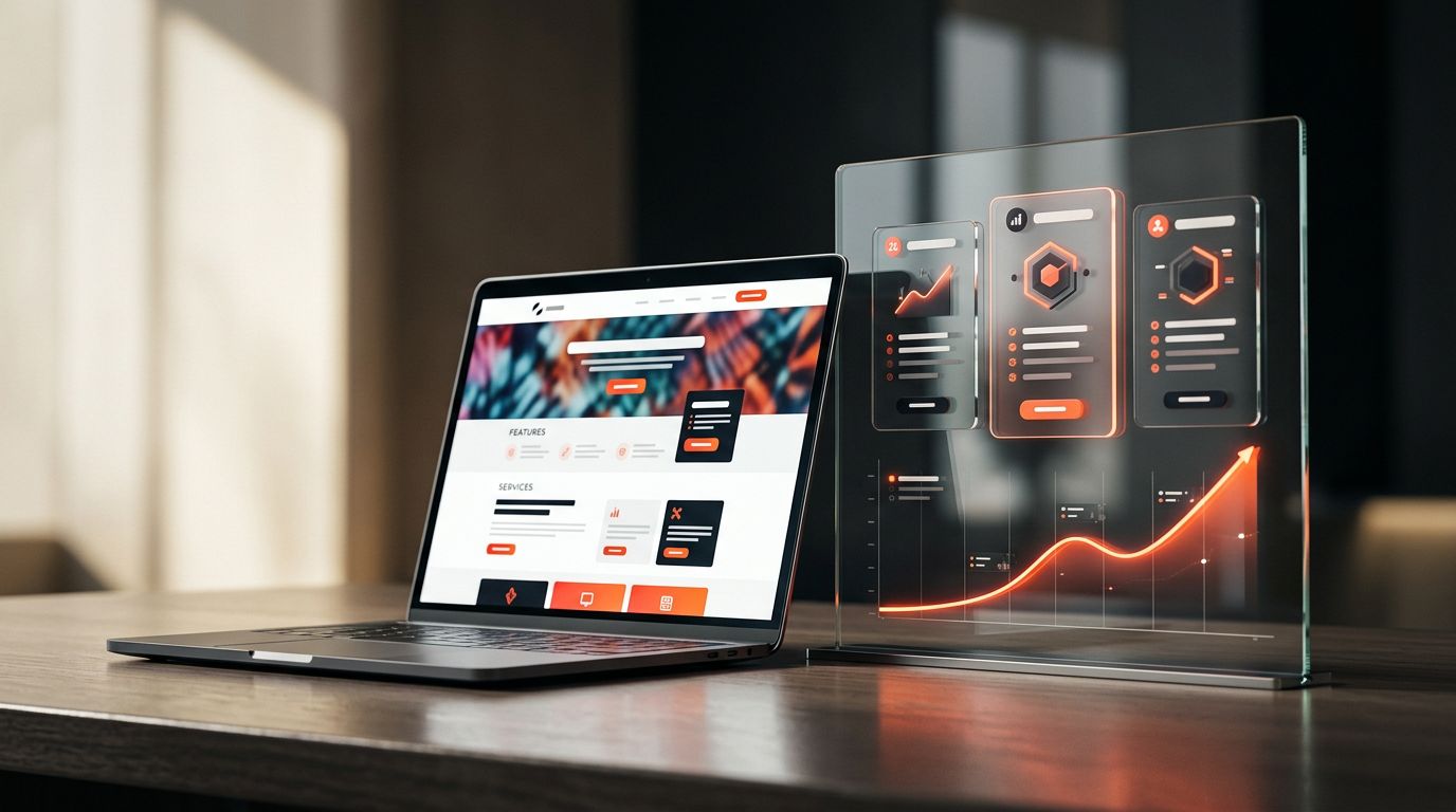 Laptop con sito aziendale e dashboard trasparente per confrontare i prezzi.