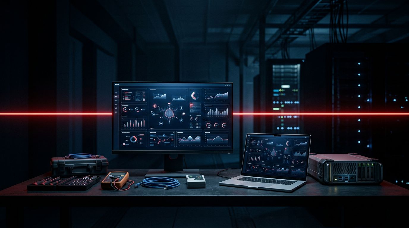 Monitor con grafici luminosi, laptop, server e strumenti tecnici in un ambiente scuro.