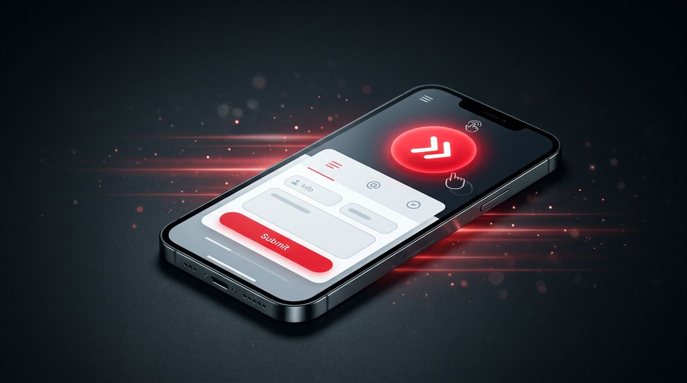 Smartphone con sito web veloce, pulsanti grandi e modulo di contatto