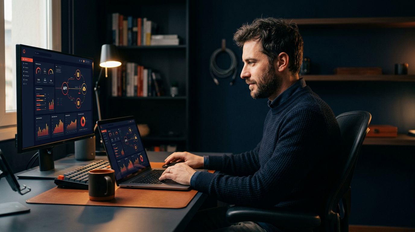 Sviluppatore web al laptop con grafici e icone di servizi collegati.
