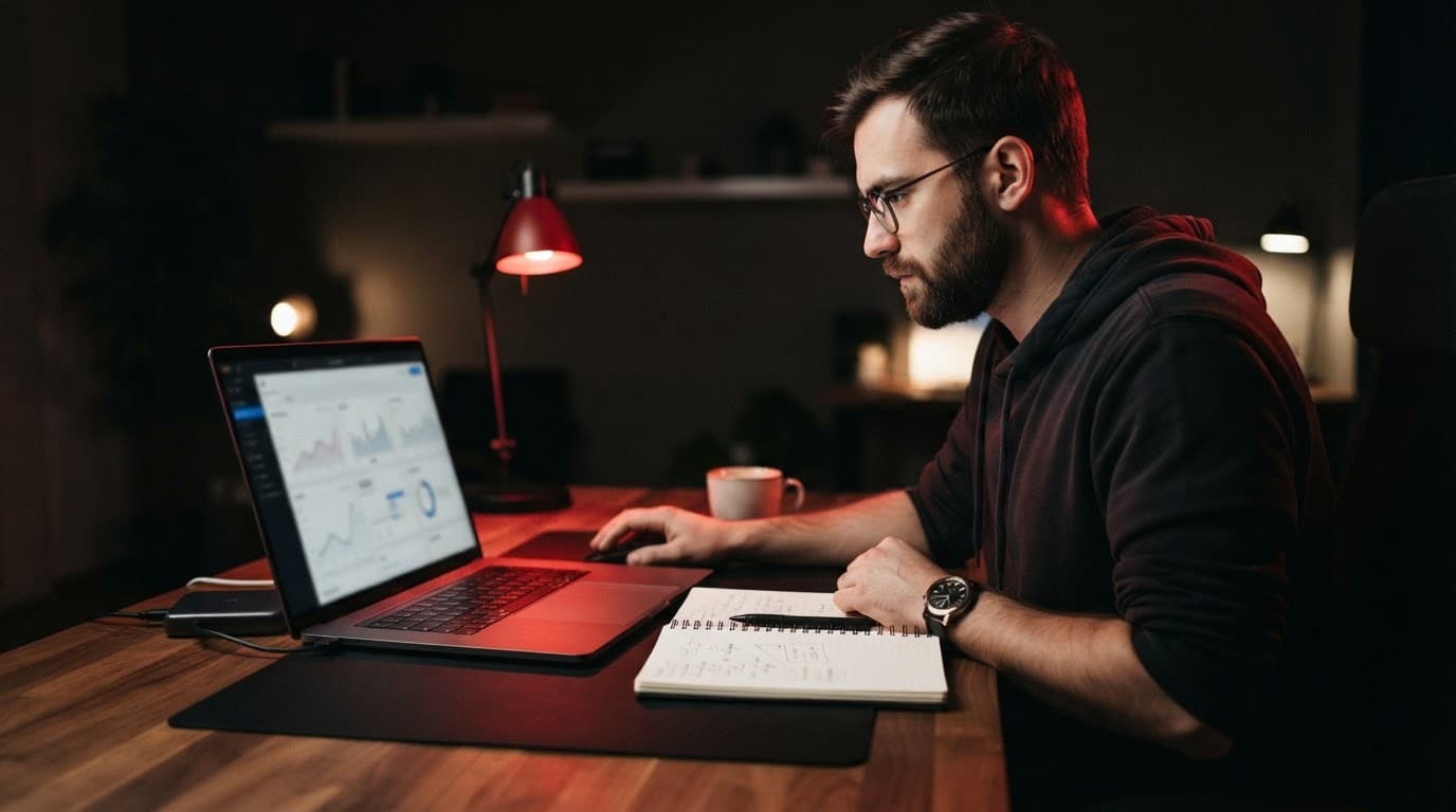 Sviluppatore freelance analizza un progetto web al laptop, accanto a quaderno e documenti.