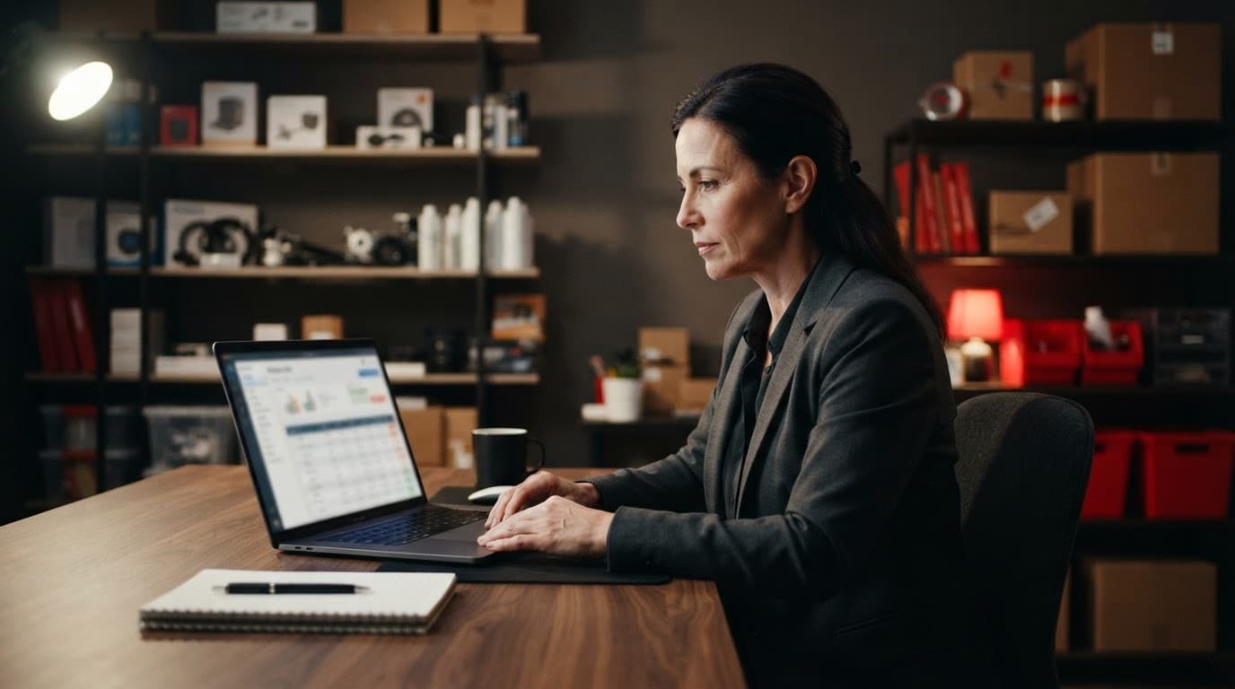 Manager B2B al laptop con campioni di prodotti e scatole di spedizione.