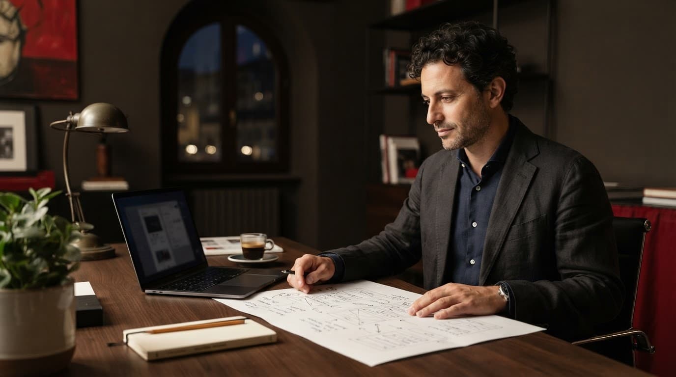 Imprenditrice italiana esamina un piano del sito accanto a laptop, quaderni e caffè.