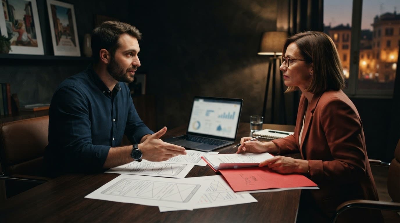 Un freelance e una cliente discutono un progetto web davanti a un laptop e alcuni wireframe.