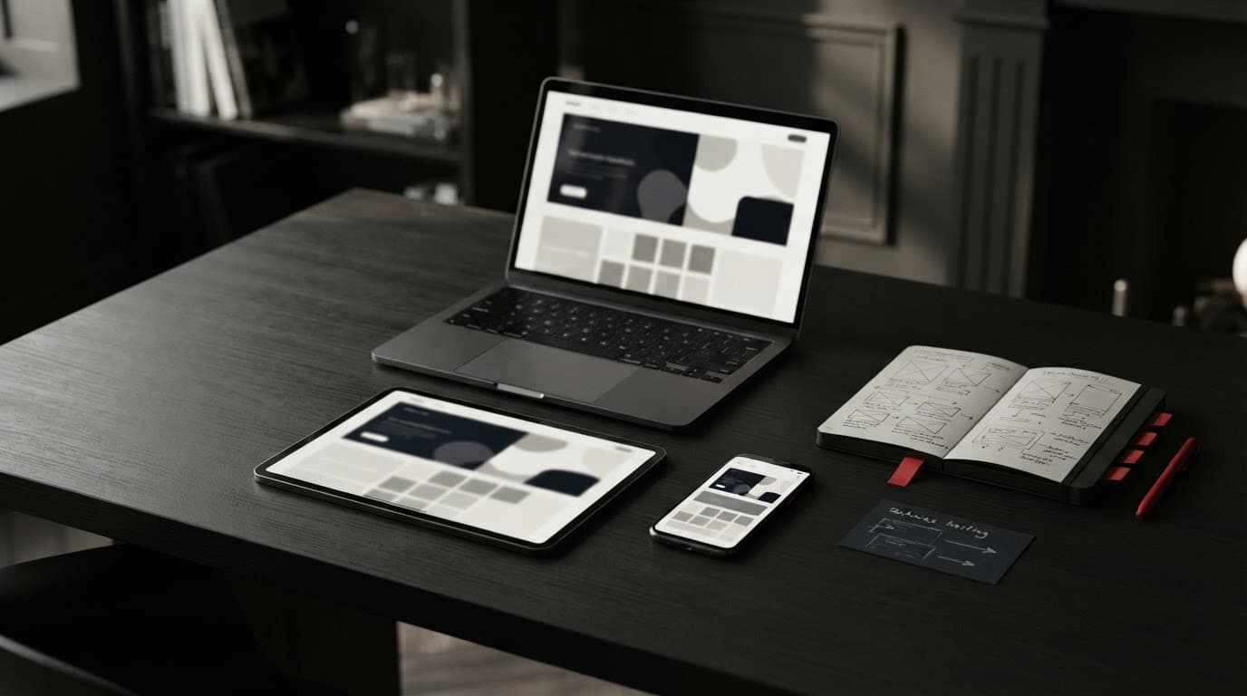 Laptop, smartphone e tablet su una scrivania accanto a un quaderno tecnico.