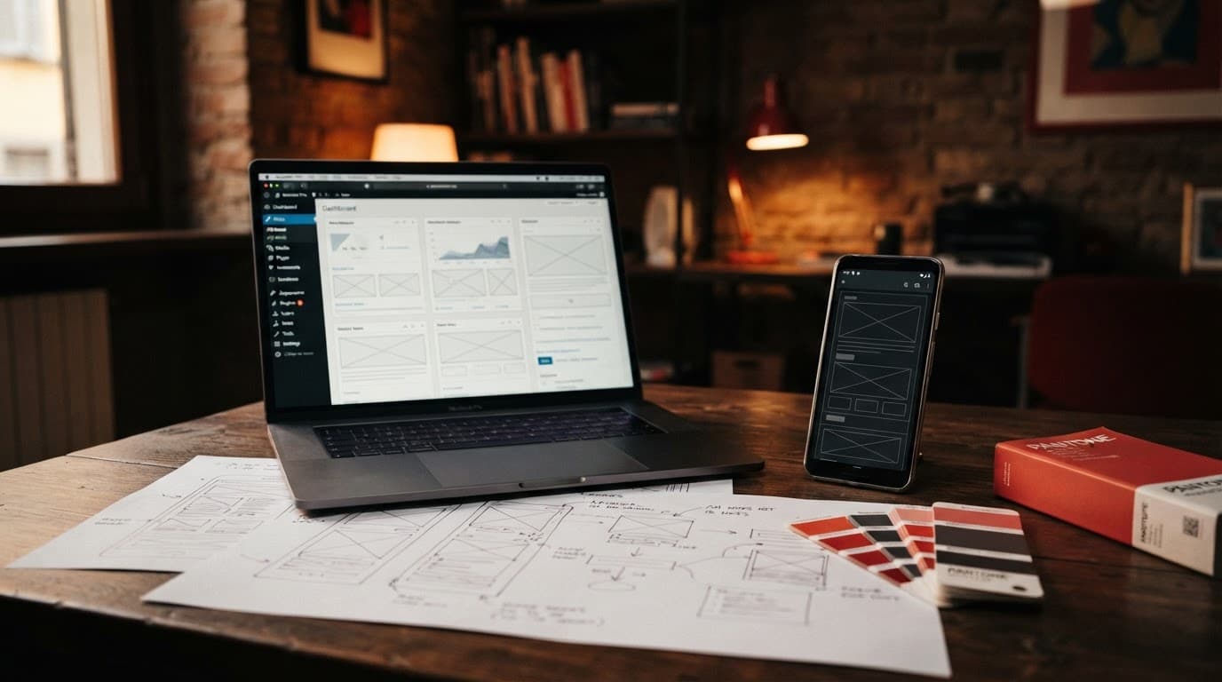 Laptop, wireframe, campioni di colore e telefono su una scrivania illuminata di lato.