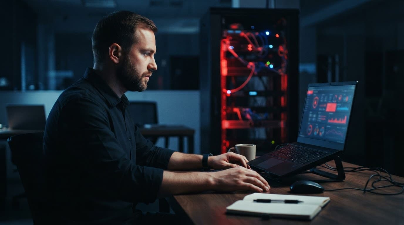 Amministratore controlla un laptop davanti a un armadio server illuminato