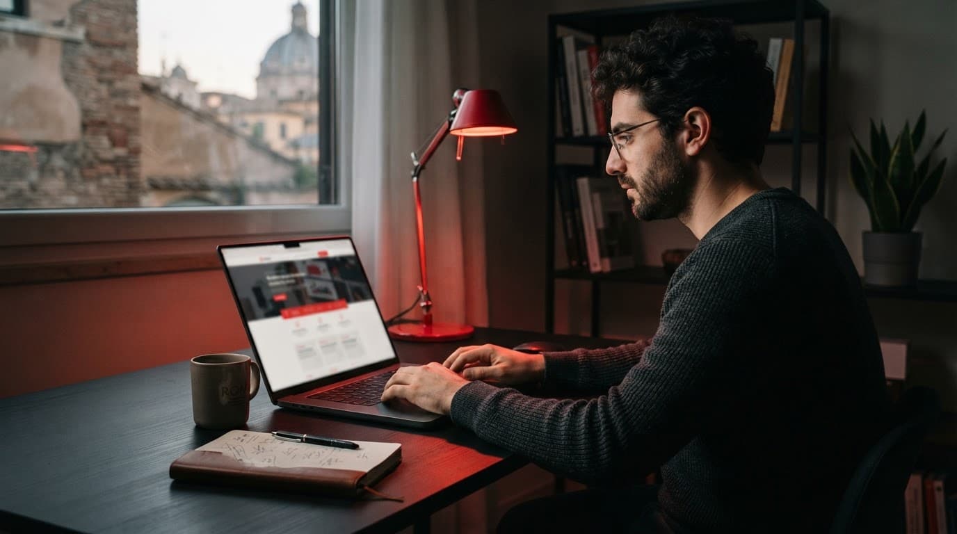 Sviluppatore freelance esamina un sito aziendale su un laptop in un ufficio domestico romano.