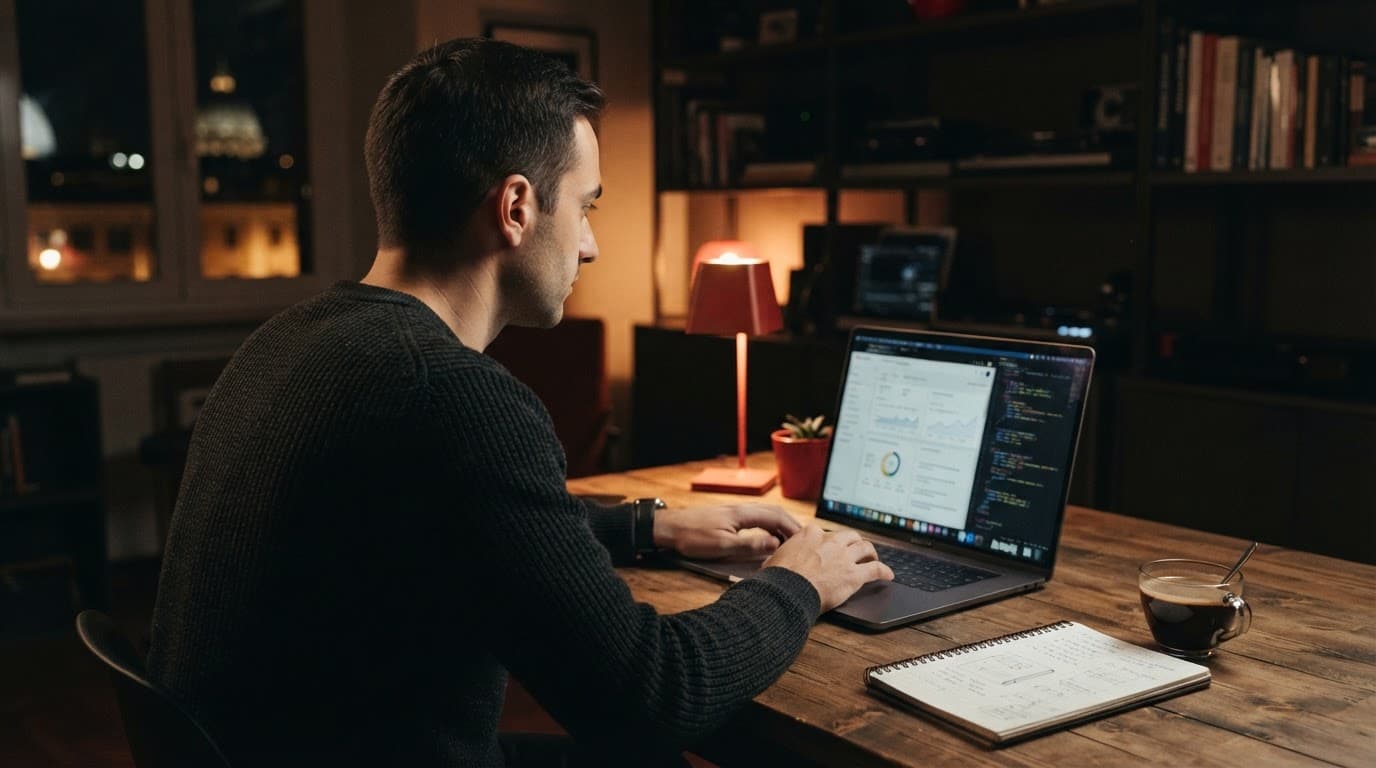Freelance esamina un laptop in un ufficio domestico romano.