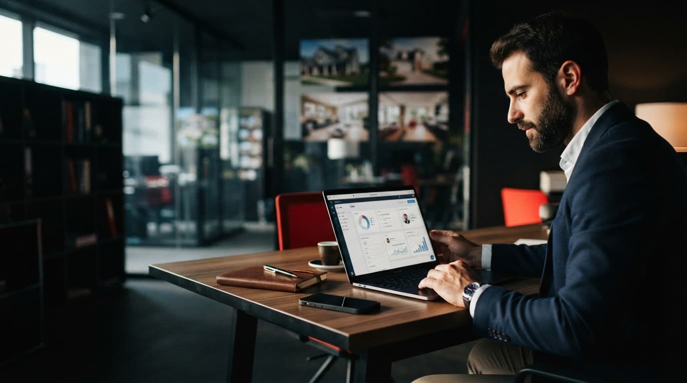 Agente immobiliare consulta un laptop accanto a uno smartphone in un ufficio moderno.