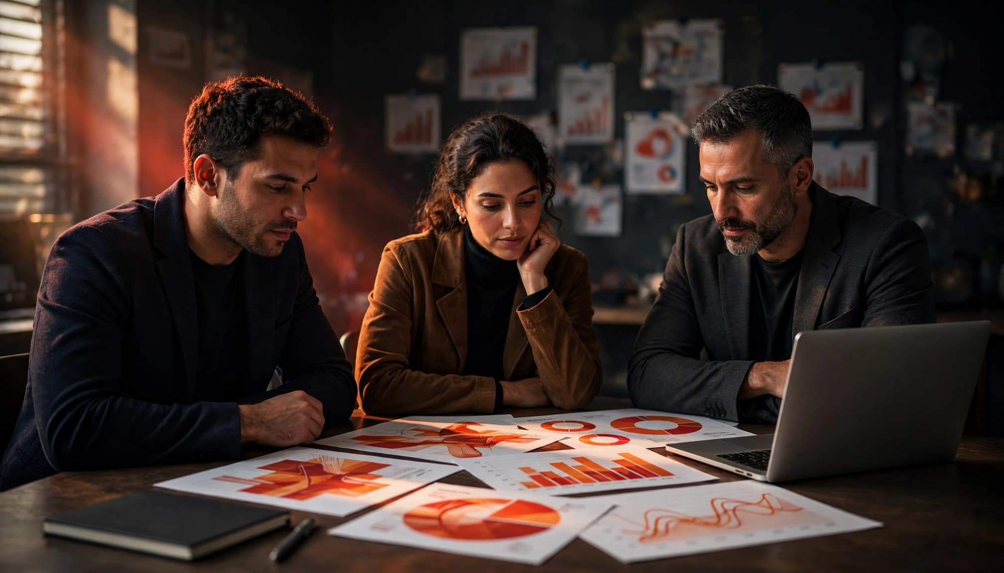 Tre colleghi analizzano grafici e dati di conversione attorno a un tavolo.