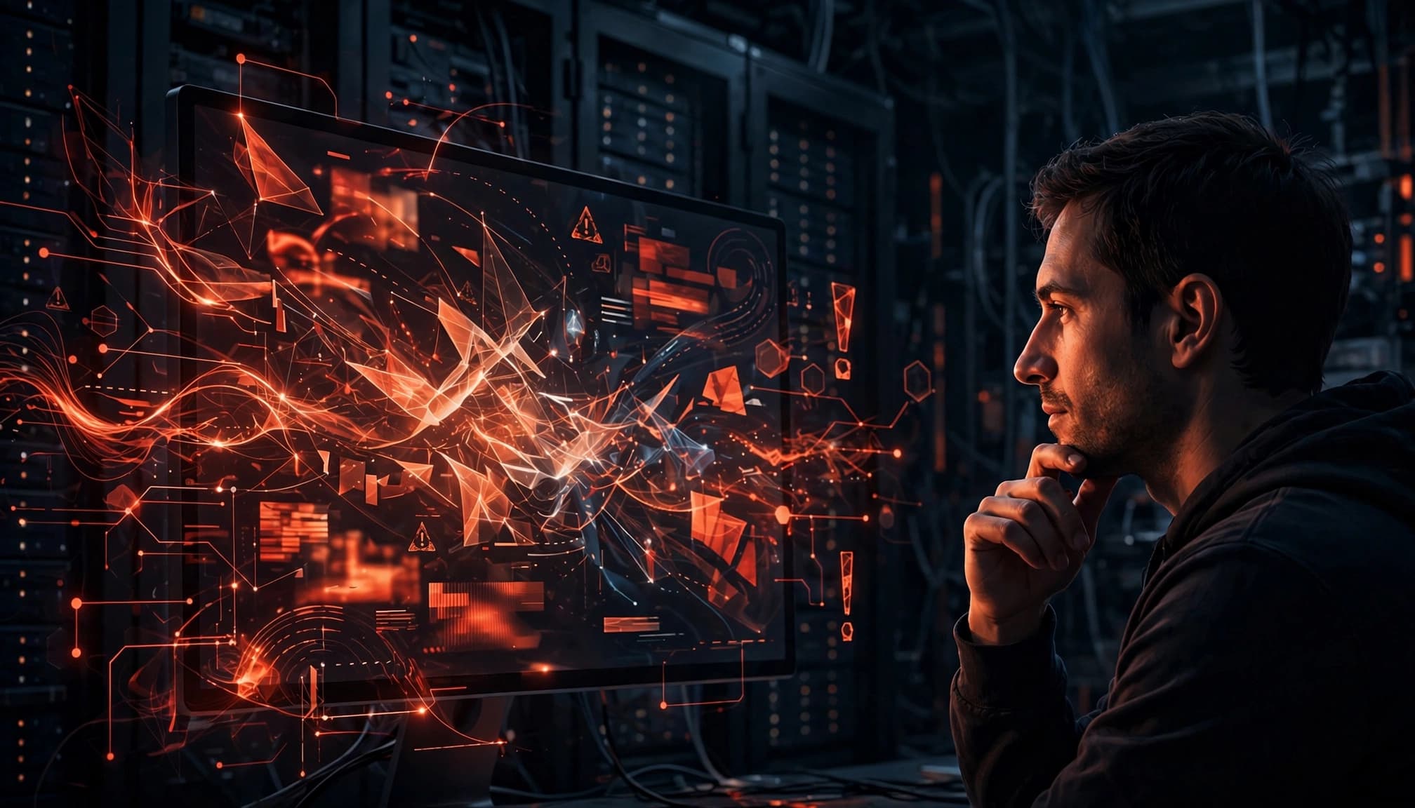 Sviluppatore di profilo esamina log luminosi su un grande monitor.