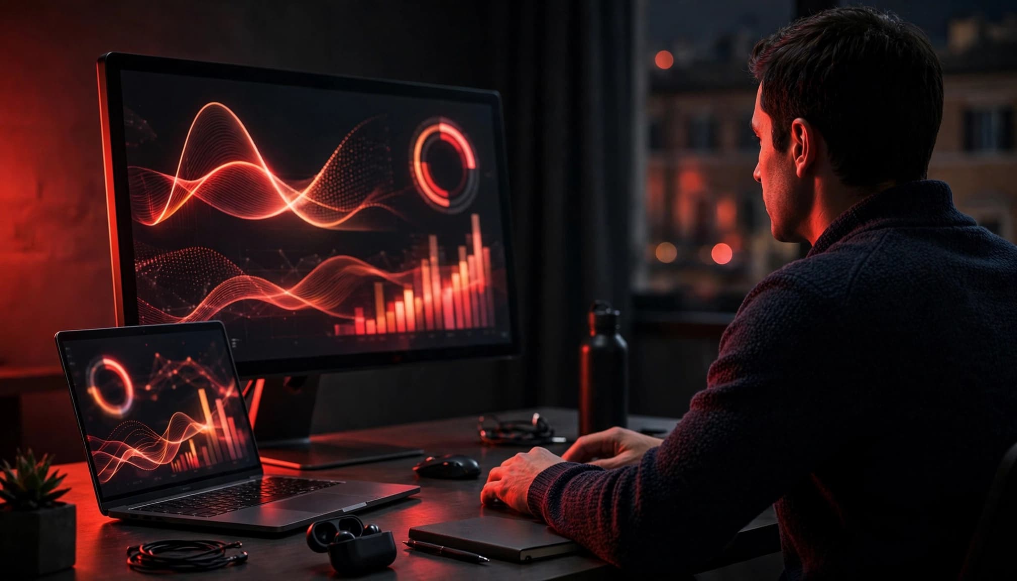 Specialista analizza grafici di velocità su un monitor, con un laptop sulla scrivania.