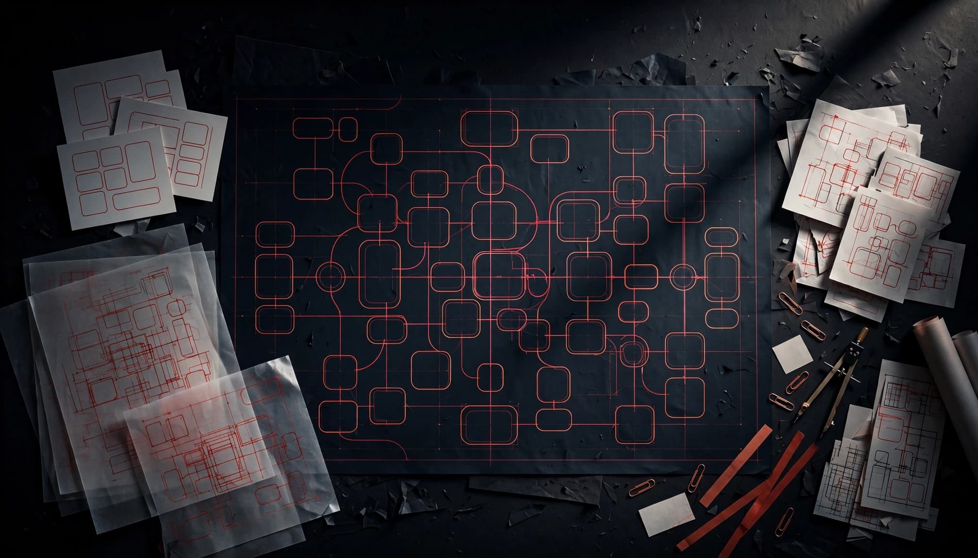 Blueprint rosso con stanze collegate, schede wireframe e percorsi su una superficie scura.