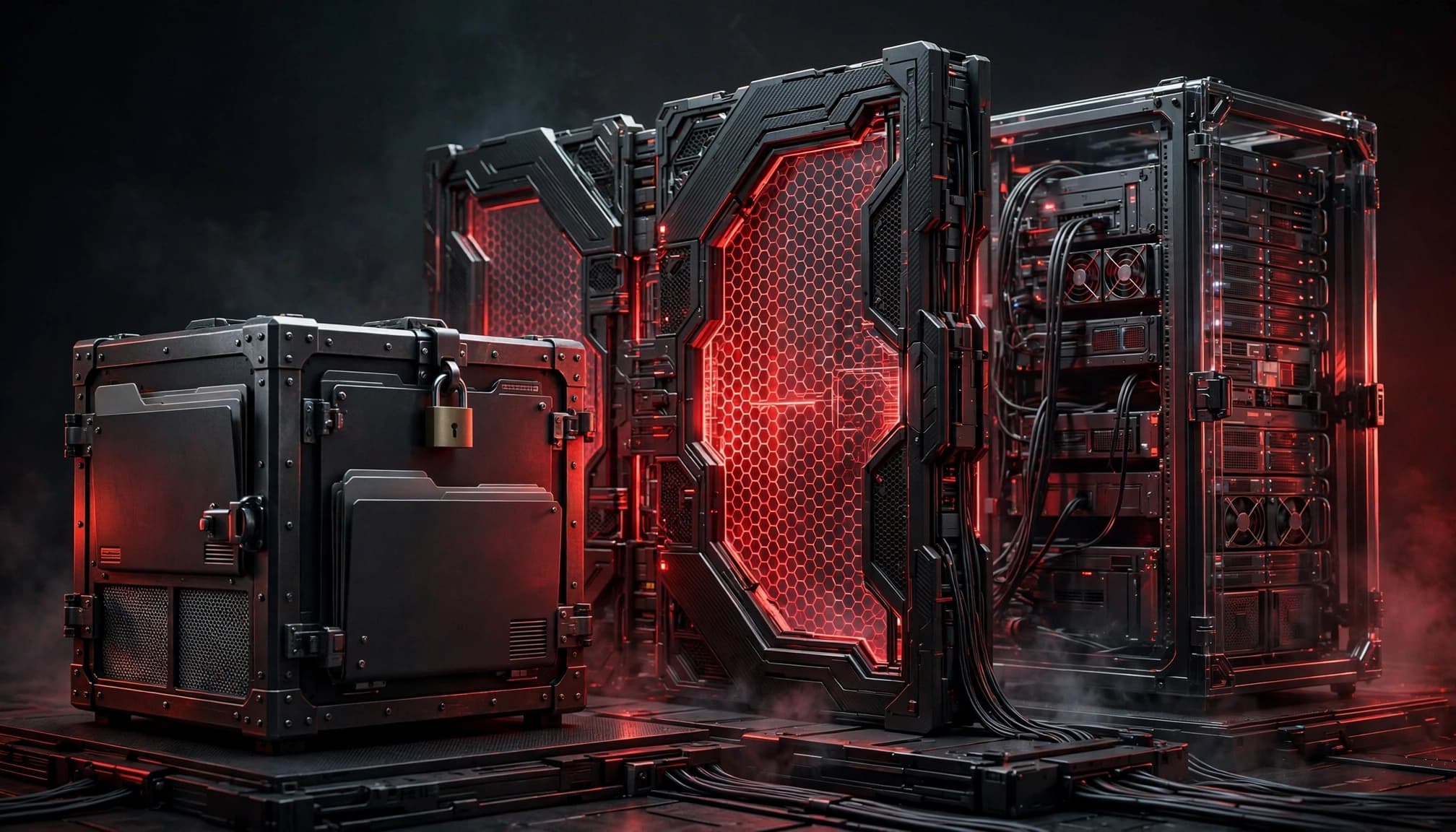Tre livelli server con cartella bloccata, firewall centrale e rack protetto.