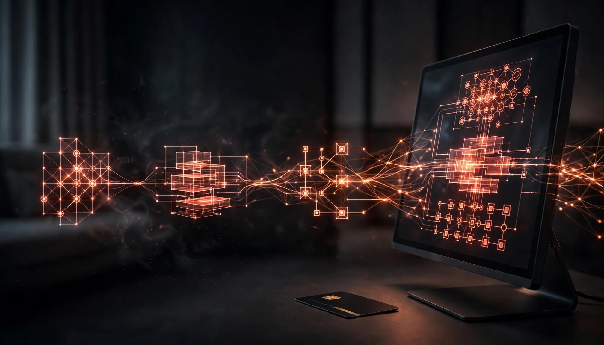 Monitor con connessioni luminose e tessera alberghiera in uno studio scuro.