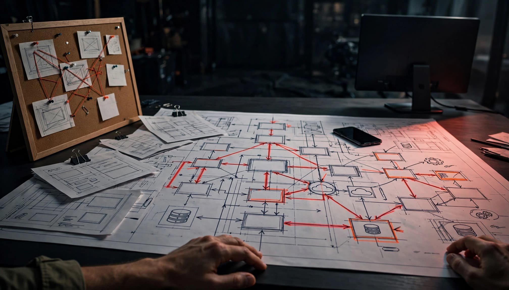 Blueprint di pagine web collegate su un tavolo con schizzi, smartphone e monitor sullo sfondo.