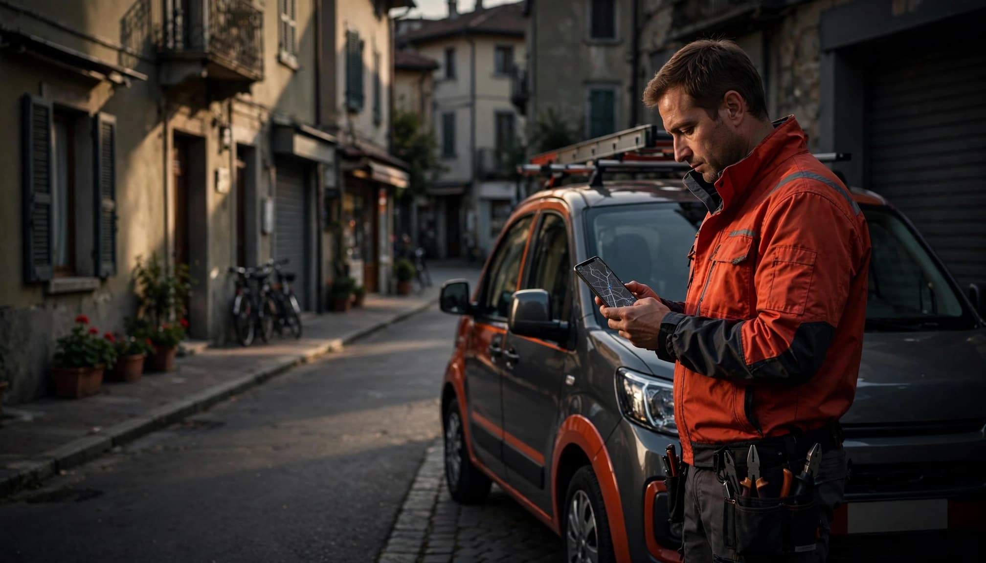 Artigiano italiano con smartphone accanto a un furgone in una strada del quartiere.