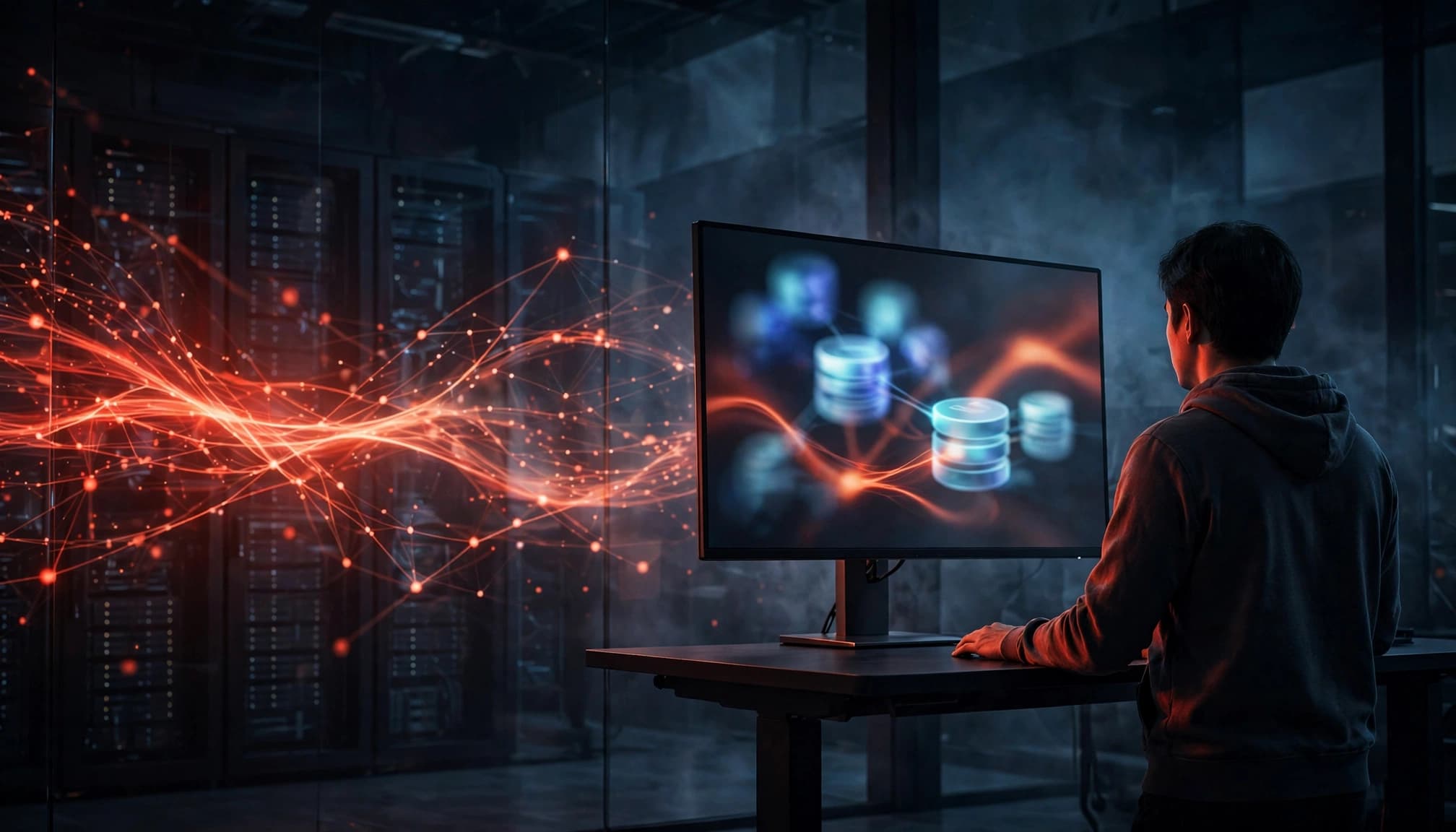Sviluppatore di spalle davanti a un monitor con codice sfocato e simboli di database.