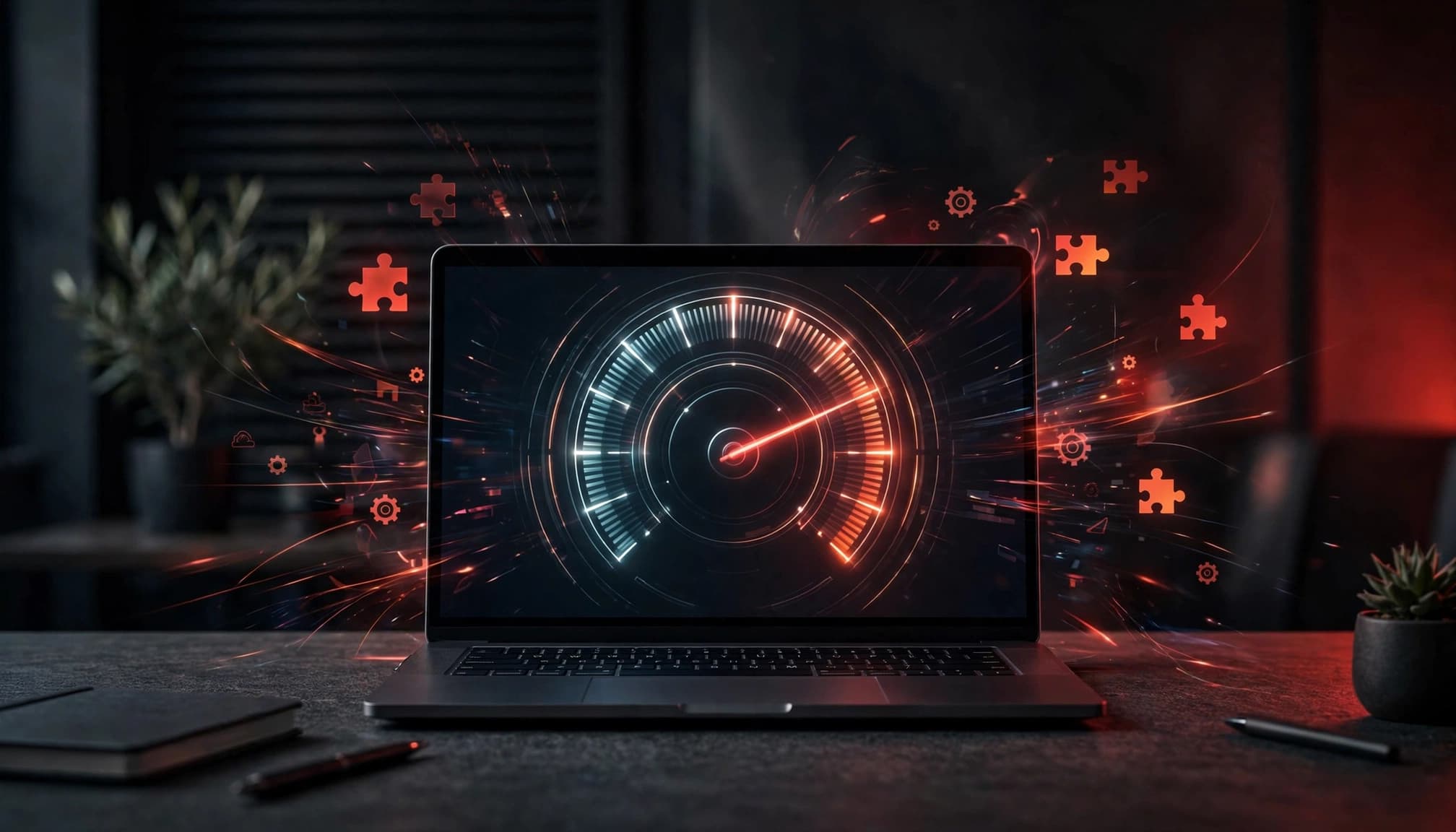 Laptop su una scrivania con grafico circolare della velocità e accenti luminosi rossi.