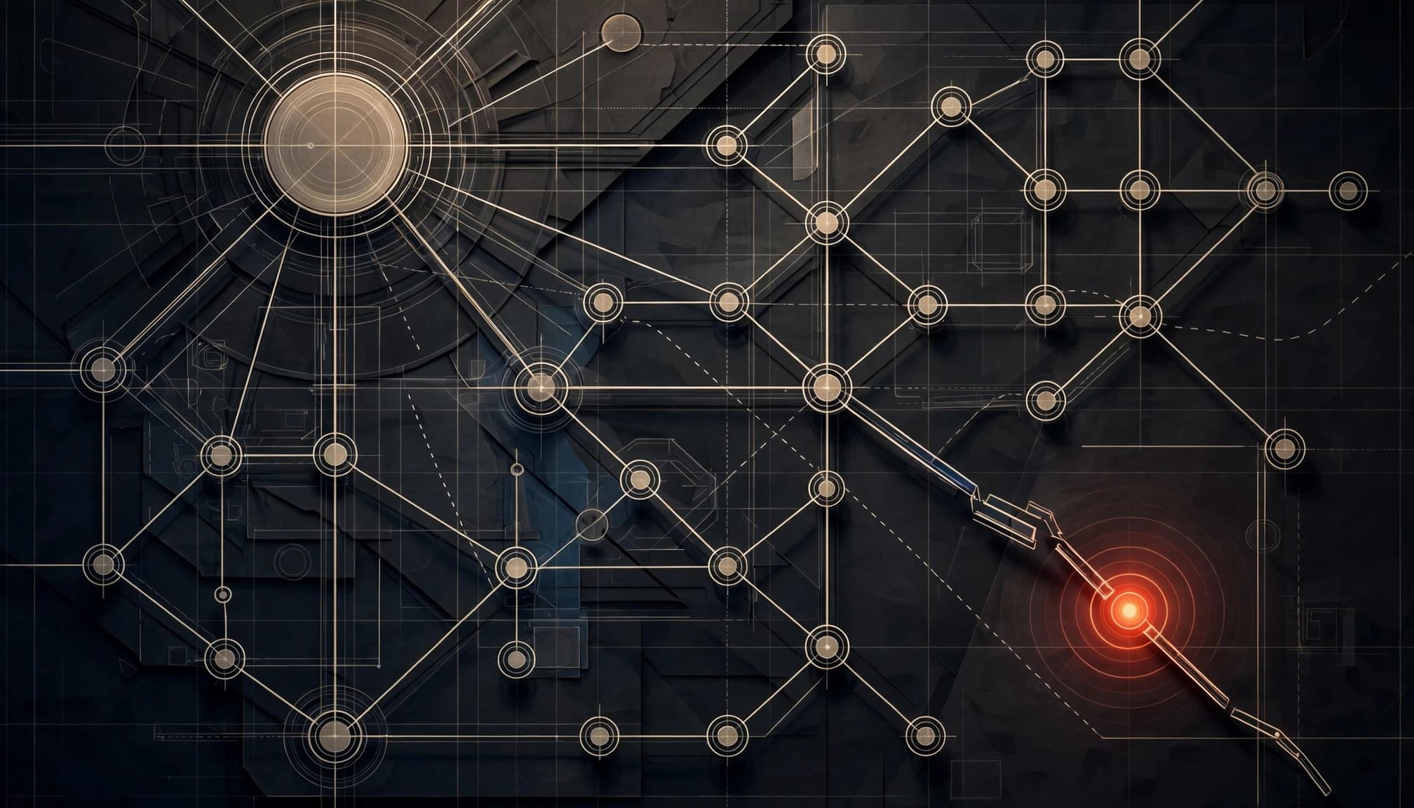 Una rete di pagine con un ramo interrotto evidenziato in rosso-arancio.