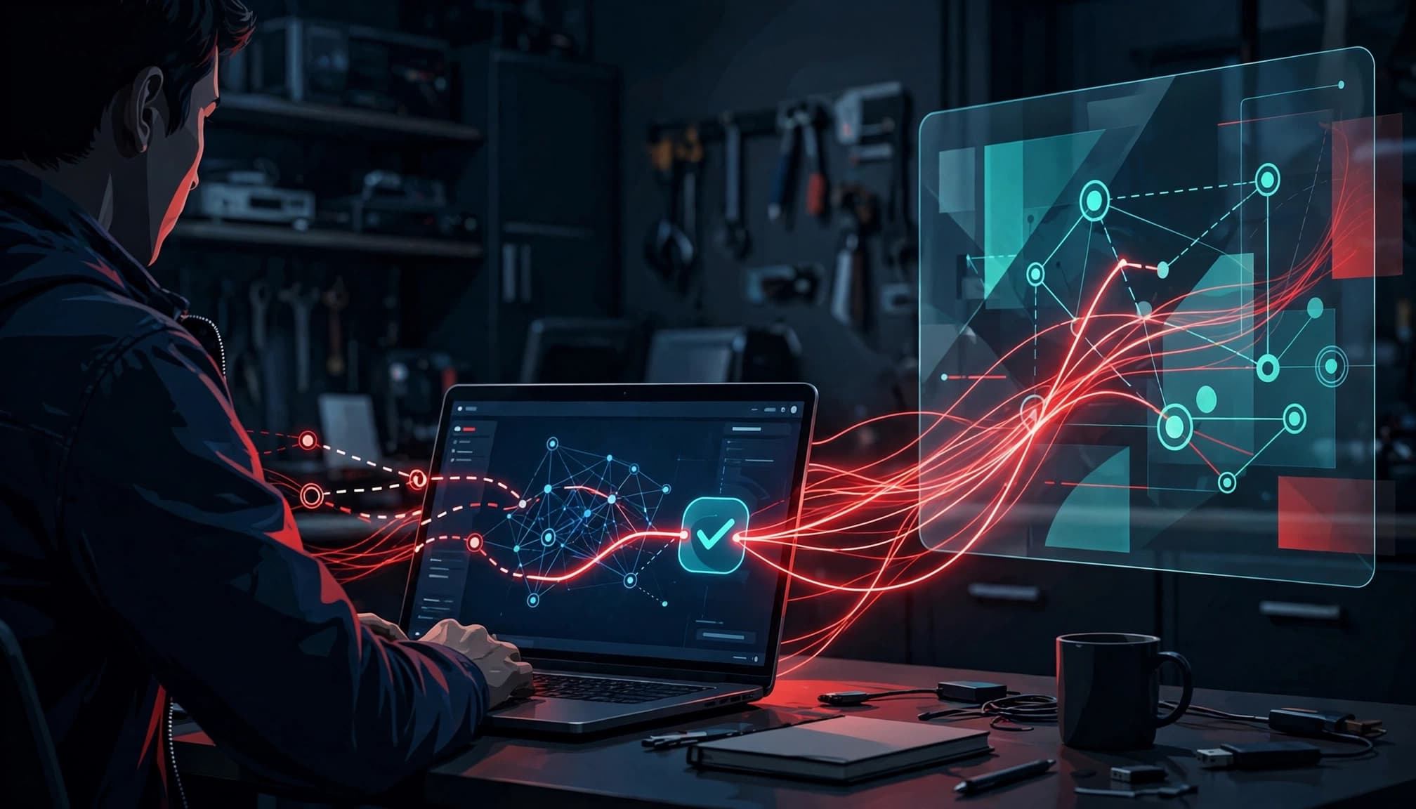 Un tecnico ripara collegamenti 404 su un laptop con percorsi luminosi verso una pagina corretta.