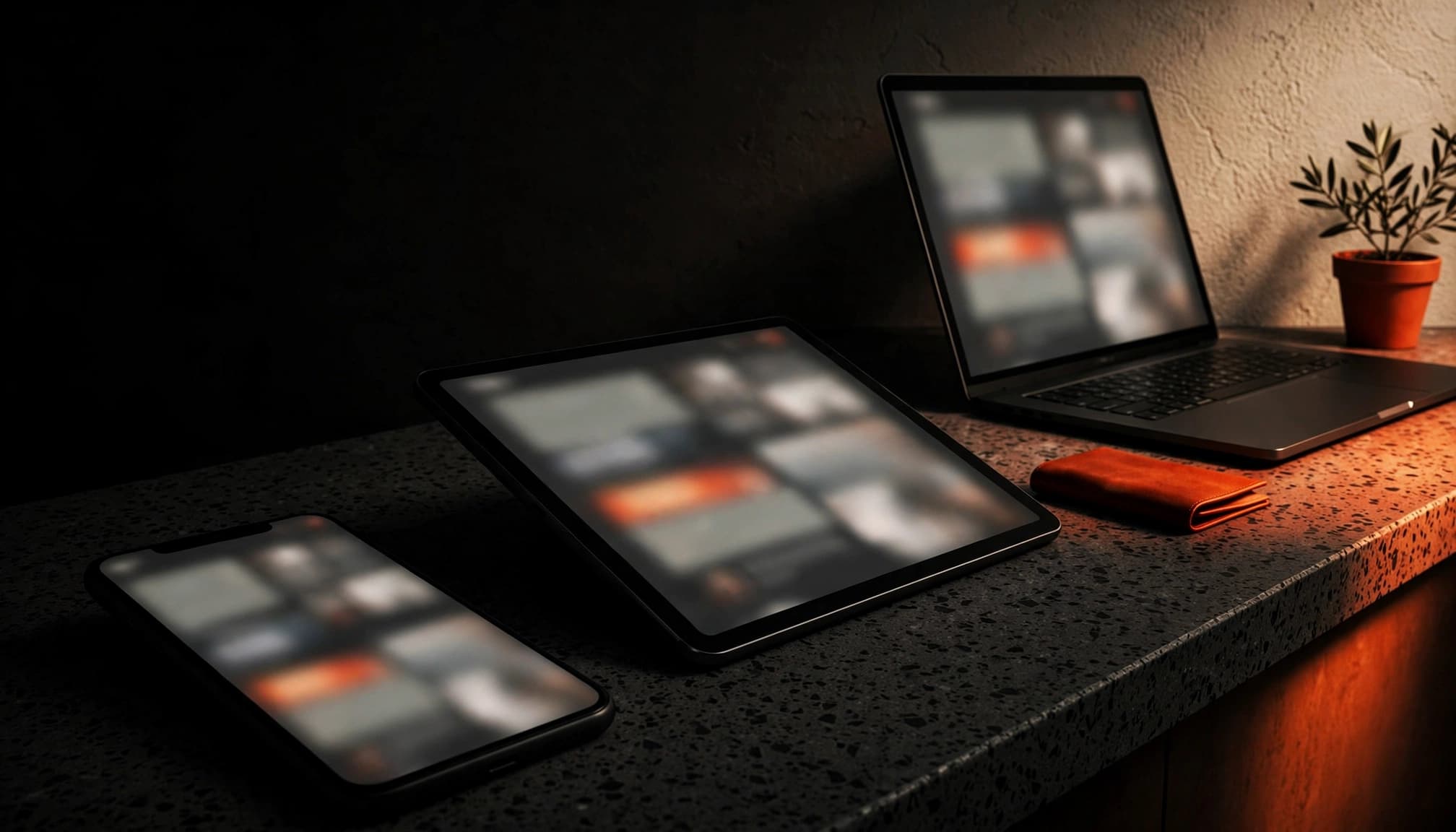 Smartphone, tablet e laptop mostrano layout web sfocati su un bancone illuminato lateralmente.