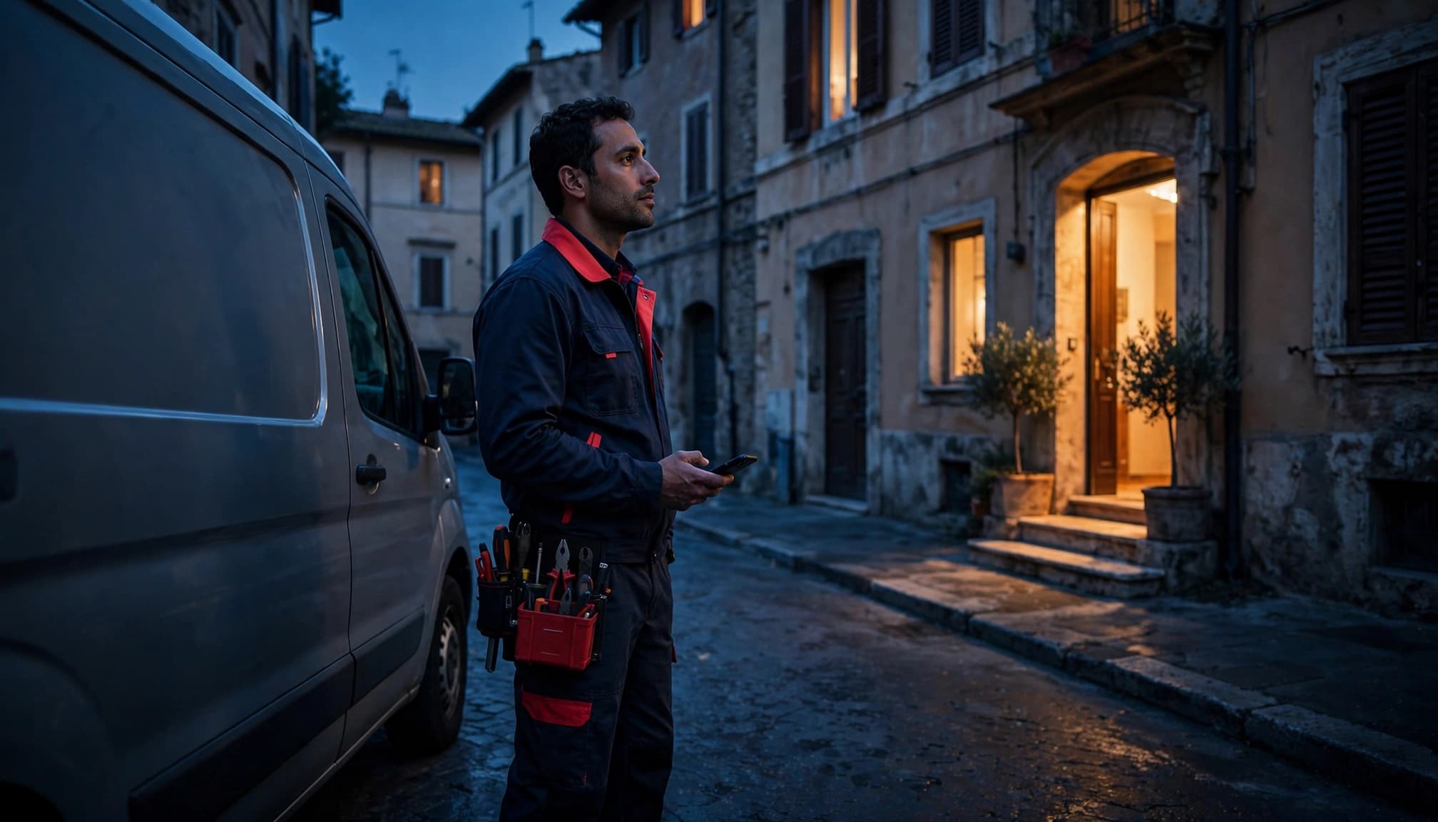 Elettricista accanto al furgone osserva l'ingresso di una casa al tramonto.