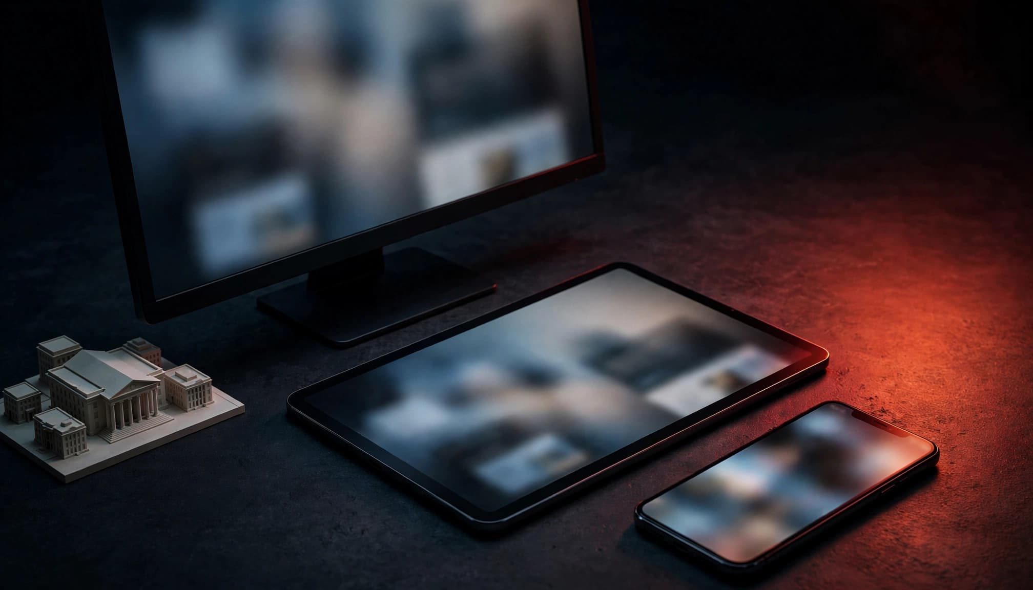 Smartphone, tablet e monitor mostrano layout legali sfocati accanto a un modellino di studio.