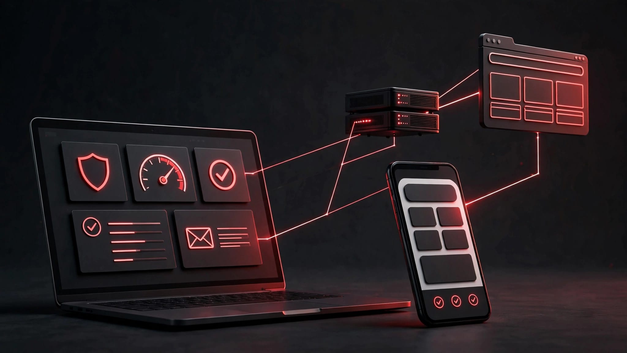Laptop con dashboard di controllo, smartphone responsive e collegamenti a server e browser.