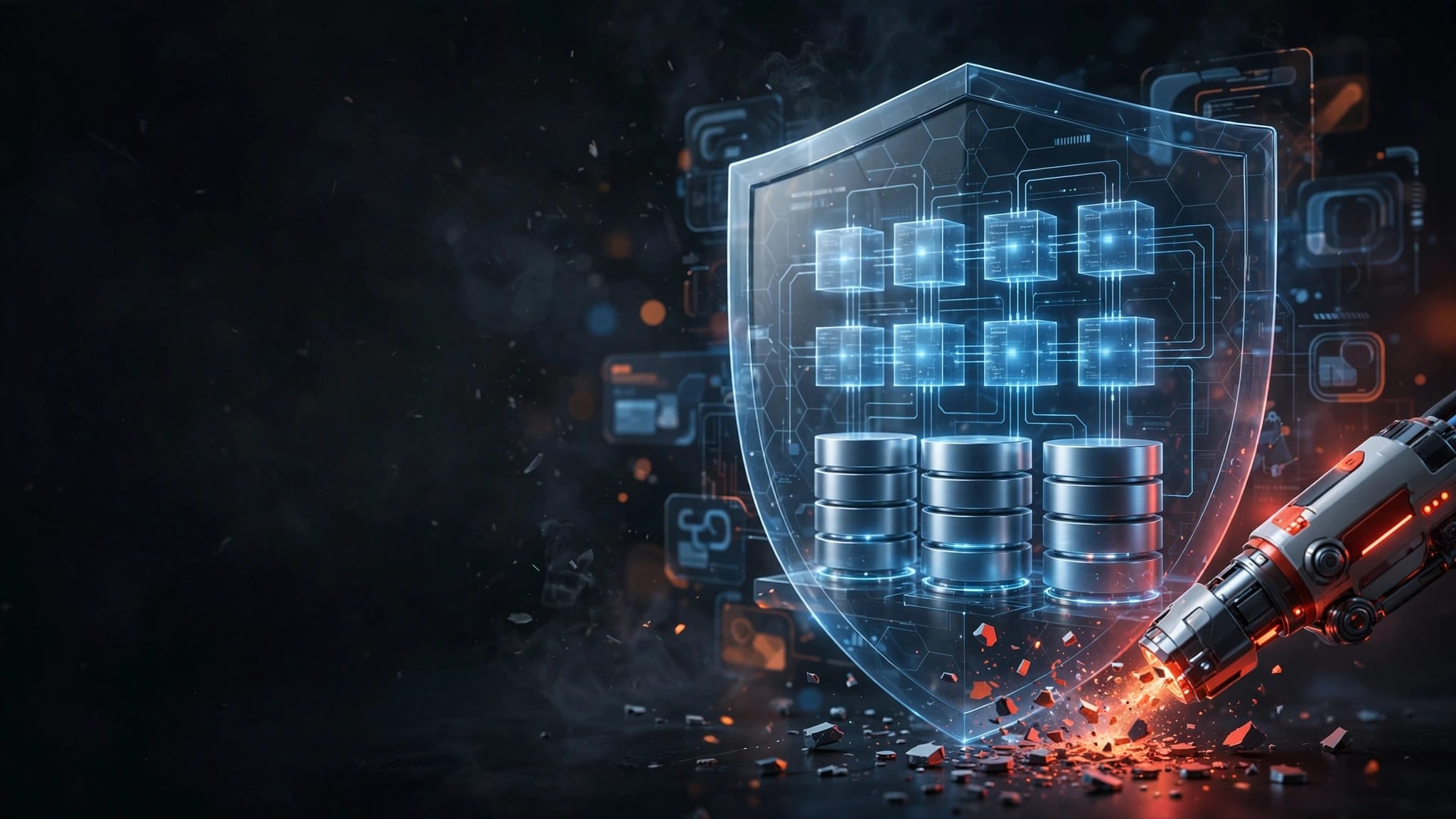 Database luminoso con strumento di pulizia e scudo protettivo su sfondo scuro.