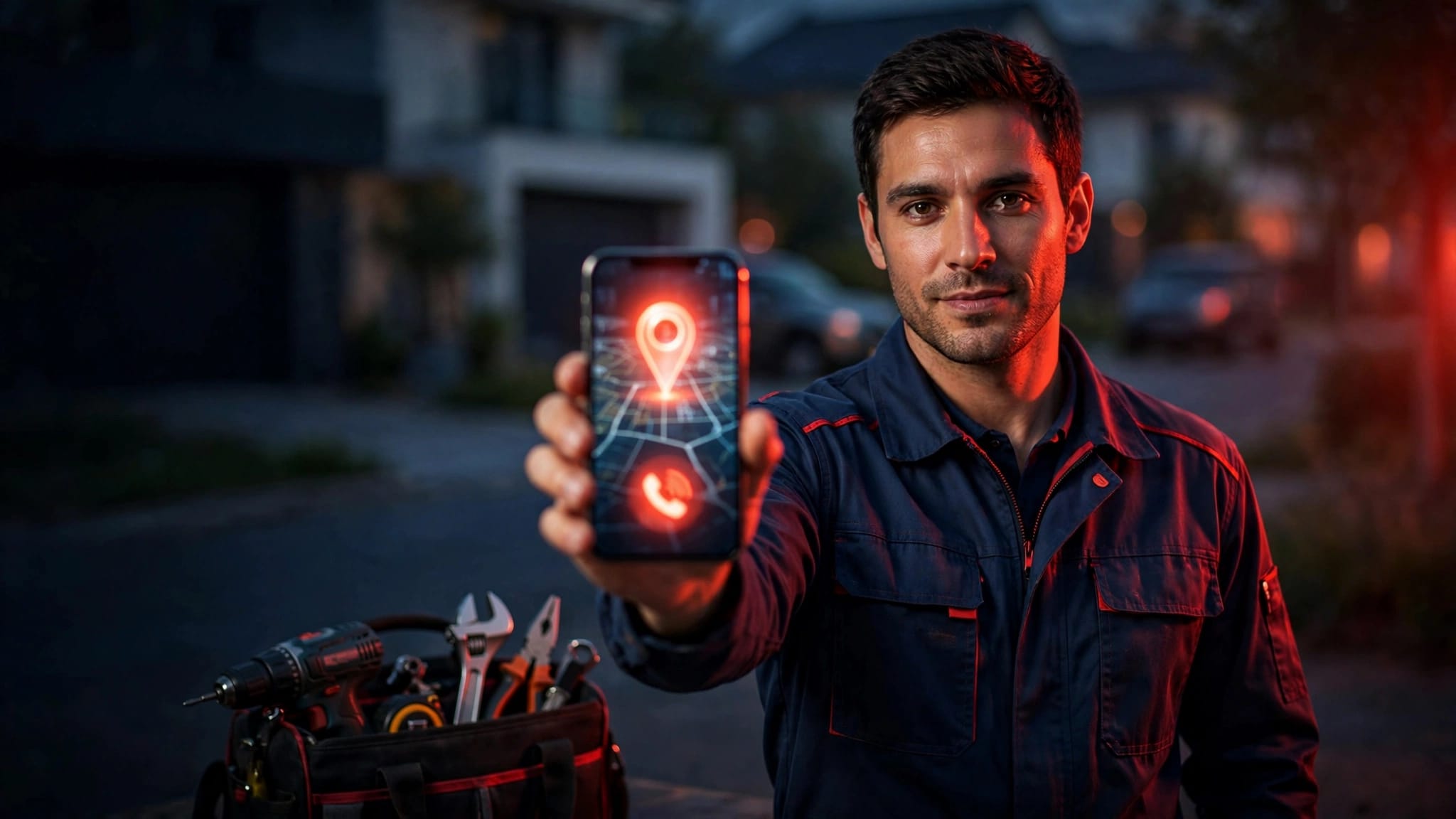 Tecnico con smartphone e borsa degli attrezzi davanti a una casa.