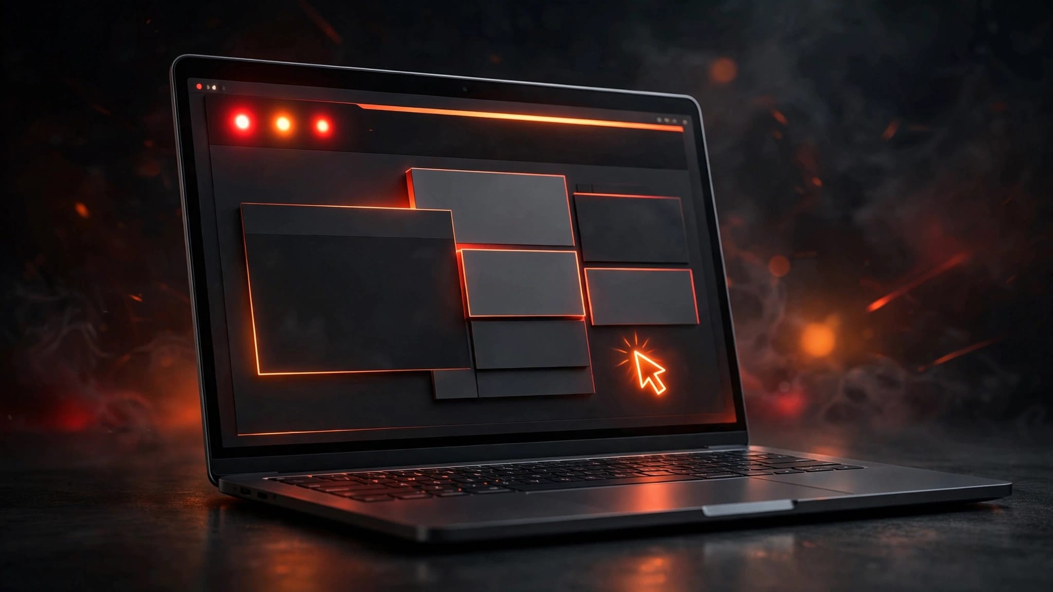 Laptop moderno con pagina web scura e tre indicatori luminosi di prestazione.