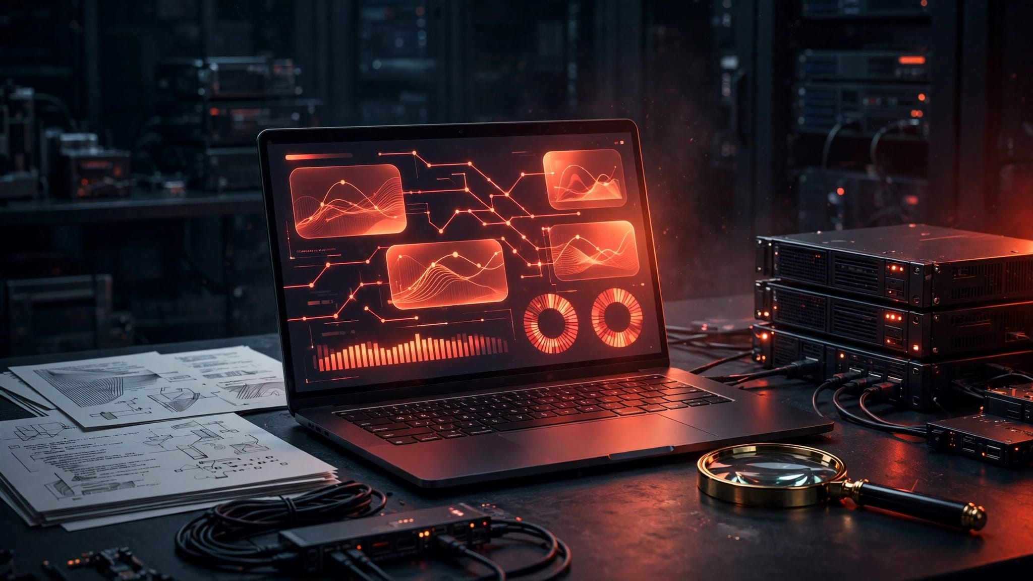 Laptop con tracce d’errore luminose, lente d’ingrandimento e componenti server su una scrivania scura.